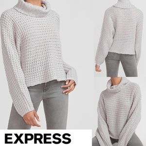 Express Sweater Gray Oversized Crop Chunky Open Stitch Cowl Turtleneck Size M